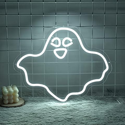 BIOIWGY Neon Sign Ghost Neon Signs Neon Lights for Wall Decor Halloween Decorations Cute Ghost Led Neon Sign Lamp Spooky White Ghost Neon Light for Bedroom Party Kids Room 40x30cm (Style3) Cover