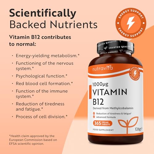 Vitamin B12 1000mcg - 365 High Strength Vegan Tablets (1 Year Supply) - Max Strength B12 Supplement - Contributes to The Reduction of Tiredness and Fatigue - Made in The UK by Nutravita - Image 3