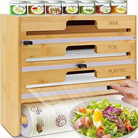 Foil and Plastic Wrap Organizer, Paper Towel Holder Wall Mount, 5 in 1 Plastic Wrap Food Dispenser with Cutter for 12" Wax Paper Parchment Roll Aluminum Foil Dispenser for Kitchen Organization Storage Cover