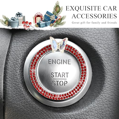 Image of DXNQ Bling Ring Emblem, Sparkling Butterfly Car Buttons and Knobs Ring, Girly Butterfly Diamond Car Engine Start Button Cover, Key Ignition Knob Rings Decoration for Women (Red, Double Row)