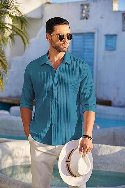 Image of DEELMO Combo of Men's Casual Button Down Shirts Long Sleeve Linen Shirt Fashion Textured Summer Shirts Pack of 2
