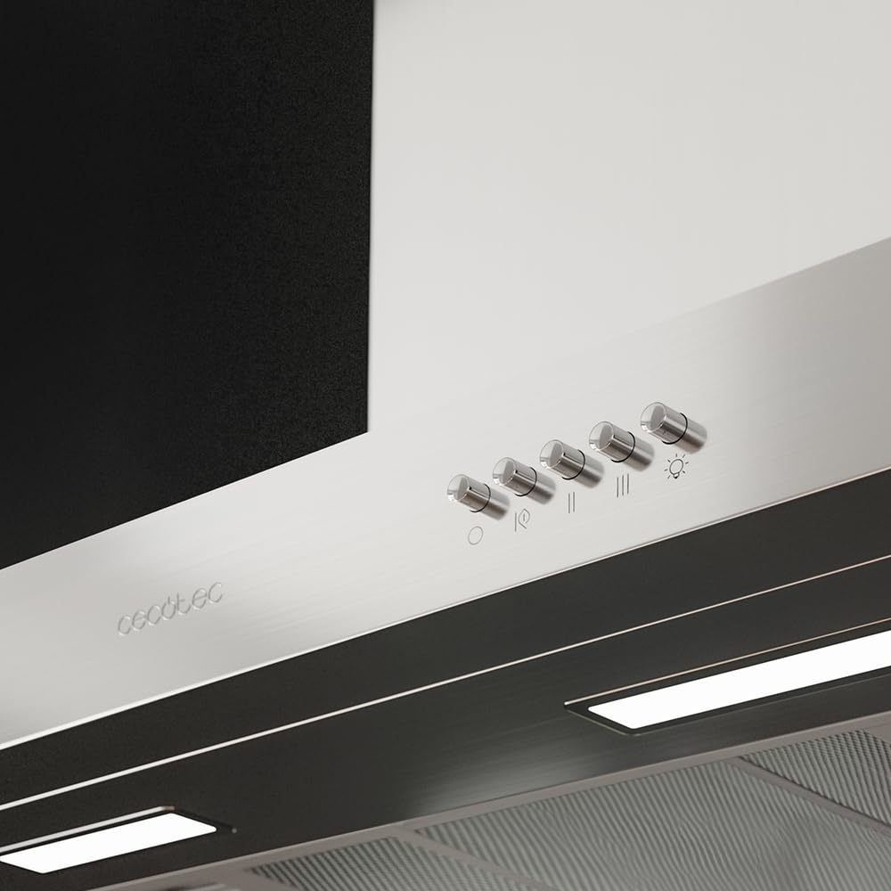 Cecotec Cappa aspirante 90 cm Bolero Flux TM 906500 Inox A. Motore 165 W, decorativo con finitura inox, aspirazione 650 m3/h, controllo meccanico, 3 livelli di potenza, luce e filtro al carbonio