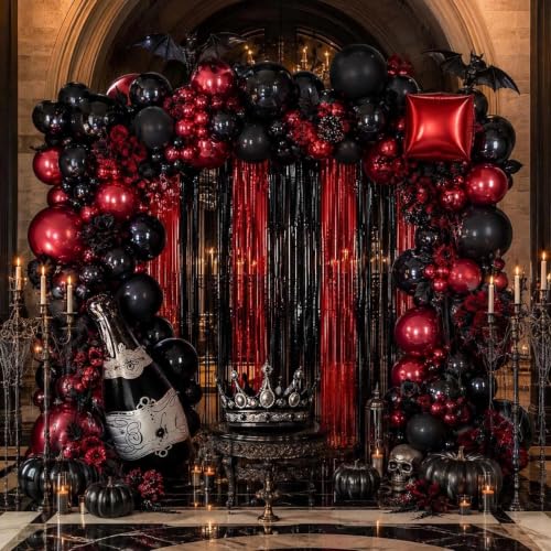 Image of Red Black Party Balloon Kit 2pack Foil Fringe Curtains,Square Foil Wine Bottle Crown Balloons Doubled Burgundy Black Balloon Arch for Birthday Bachelorette Gothic Vampire Celebration Wine Party Decor