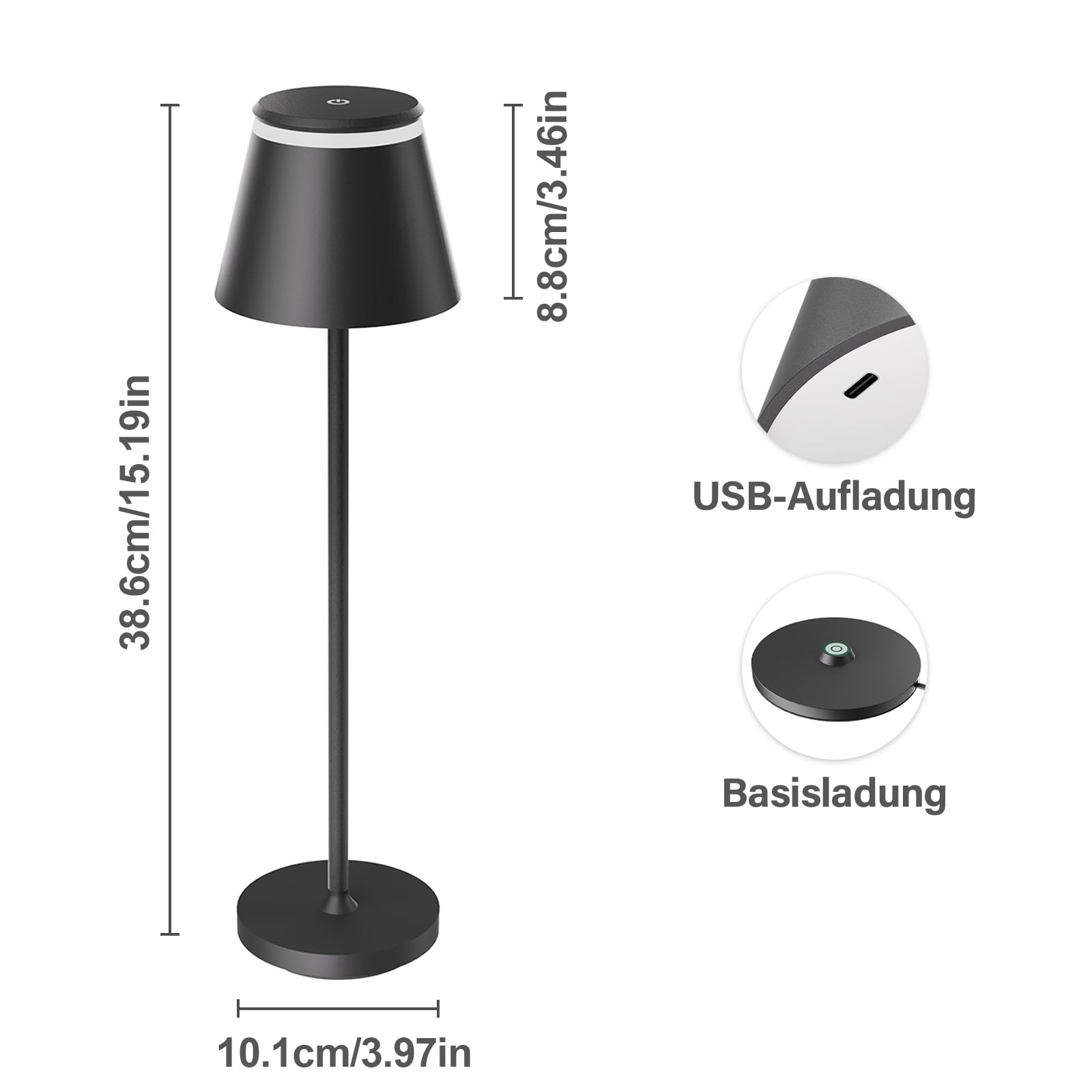 Neoglint Wiederaufladbare kabellose LED-Tischlampe, Nachttischlampe mit kabelloser Ladestation und Fernbedienung, Touch-Schreibtischlampe im modernen Design mit Timer – Schwarz