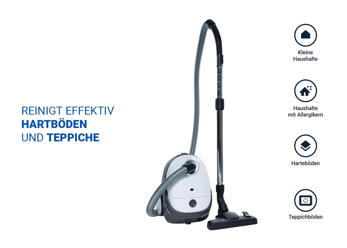 Nilfisk Aspiradora One para Suelos y Alfombras con Filtro EPA - Aspirador Potente, Compacto y Ligero - Blanca, 3L, 750W (WB10P05A)