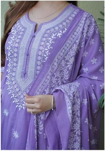 Image of BHARVITA Women's Cotton Embroidered Chikankari Work Straight Kurta Dupatta Pant Set