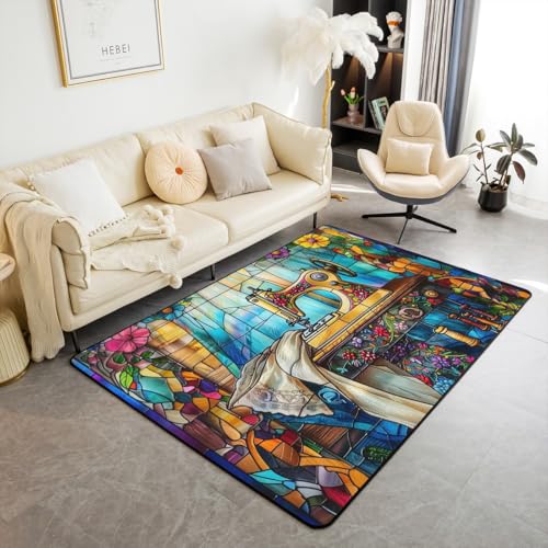 Tapis de salon patchwork thème couture occidentale en vitrail rétro - 2