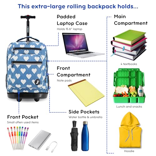 Image of J World Sundance Laptop Rolling Backpack for Girls Boys. Roller Bookbag with Wheels, 20 Inch, Demim Heart