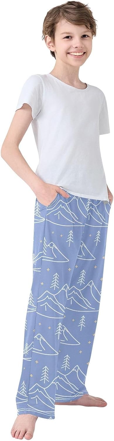 Minimalist White Mountain Blue Pajama Pants, Soft Modal Lounge Sleepwear with Pockets