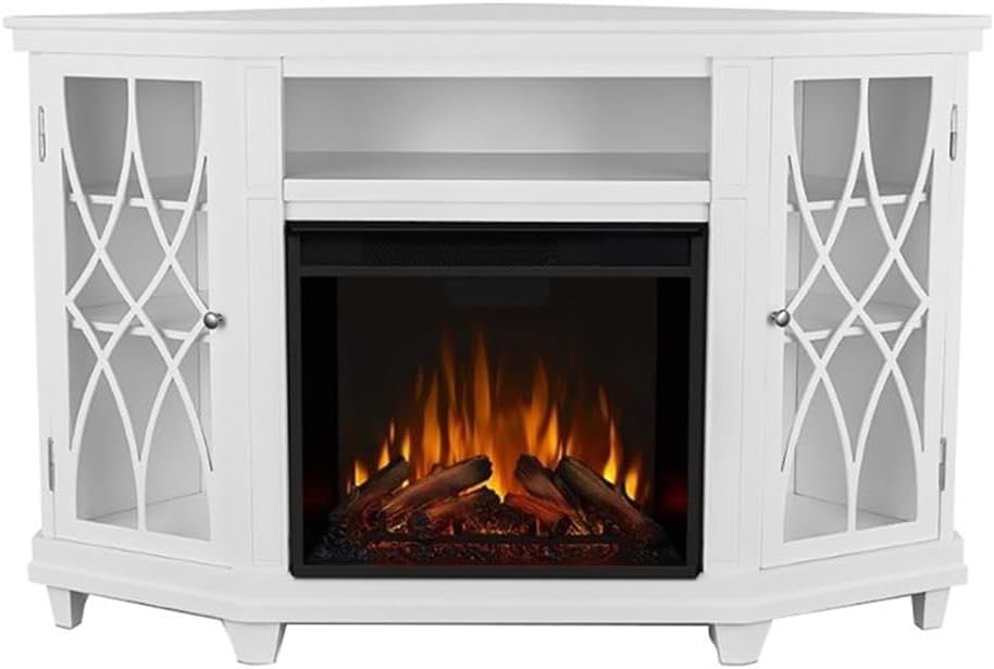 BOWERY HILL Modern Corner Fireplace TV Stand, Wood and Veneered MDF, White Finish, Fits TVs Up to 56", Infrared LED Electric Firebox, Adjustable Shelves, Contemporary Style, Living Room Entertainment