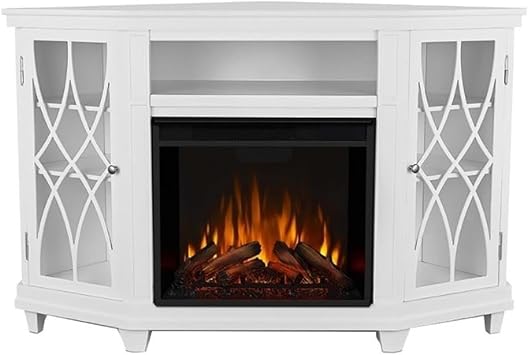 BOWERY HILL Modern Corner Fireplace TV Stand, Wood and Veneered MDF, White Finish, Fits TVs Up to 56", Infrared LED Electric Firebox, Adjustable Shelves, Contemporary Style, Living Room Entertainment