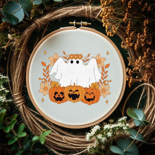 Image of Peacoblue Water Soluble Embroidery Patterns for Beginners, Halloween Ghost Face and Pumpkin 4 Sheets with 25pcs, Wash Away Embroidery Pattern Stabilizer for Hand Sewing Lover Women Adults
