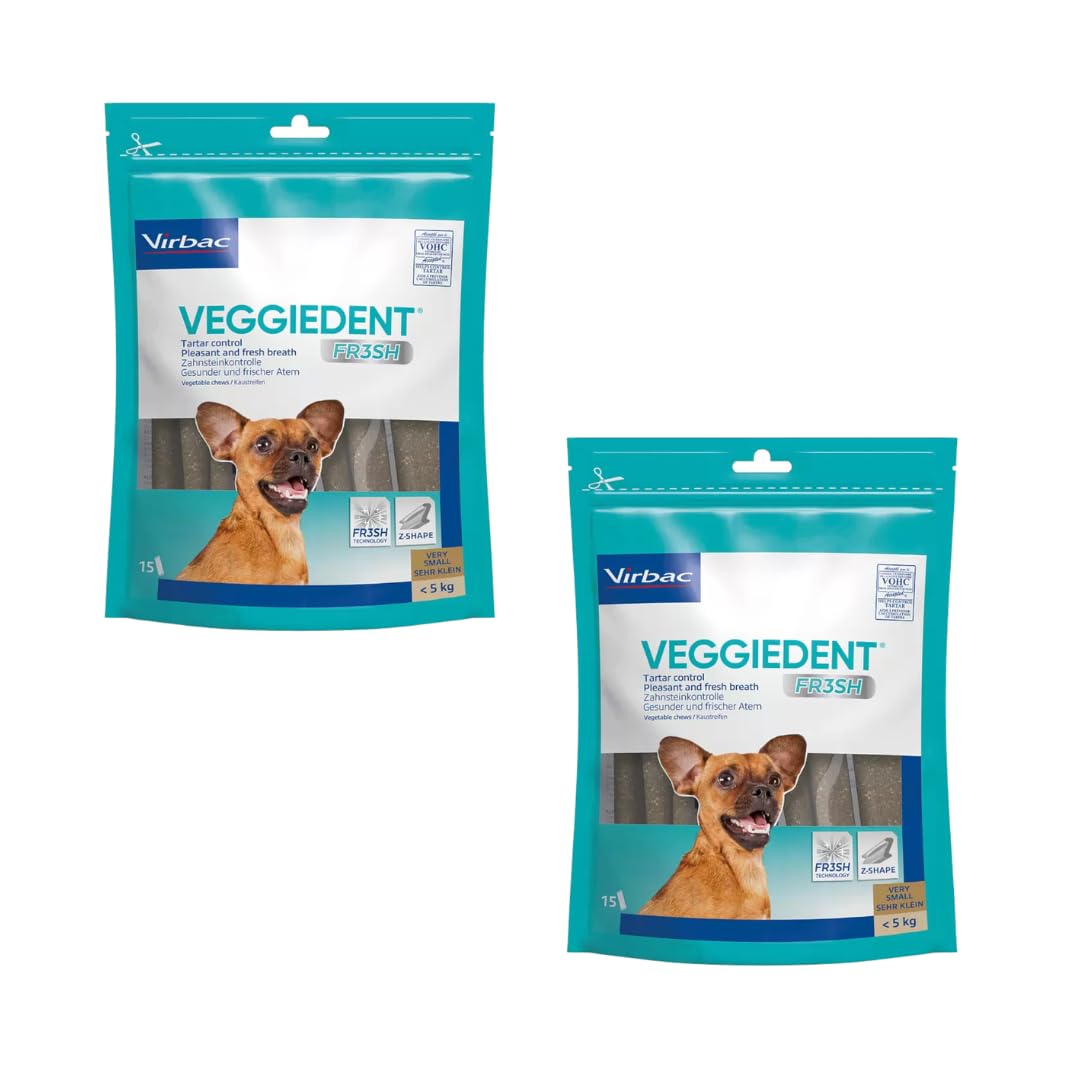 Virbac VeggieDent 15 Bandes XS < 5 kg | Pack Double | 2 x 120 g | Bandes à mâcher pour Petits Chiens | Friandise végétarienne à mâcher pour Le contrôle de la Plaque Dentaire