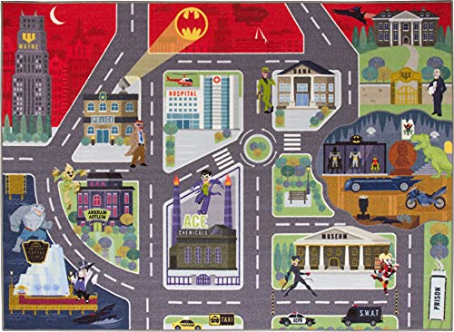 DC Comics Batman's Gotham City Adventure Road Play Rug 5x7 | Kids Interactive Toy Car Play Mat Carpet for Toddler Classroom, Playroom & Baby Nursery by KC Cubs - Used condition - US$52.66