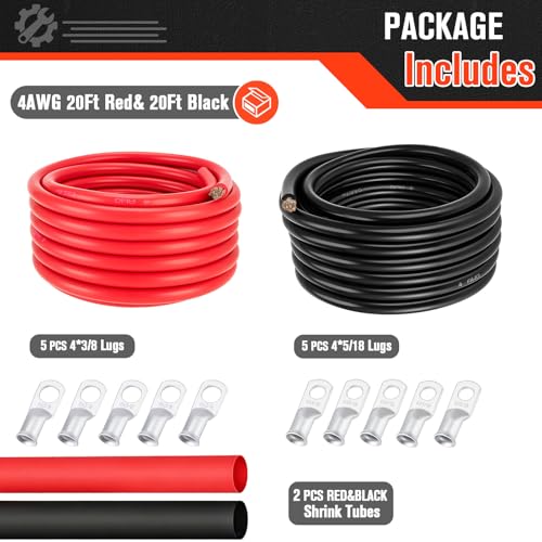 Image of 4 Gauge Wire 4 Awg Battery Cable 20FT Red + 20FT Black, 4AWG Pure Copper Wire for Automotive, Battery, Solar and Generator, 4AWG Welding Cable with Cable Lugs Terminal Connectors and Heat Shrink Tube