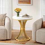 Tribesigns Tavolino da Salotto, Tavolino Rotondo Moderno, Tavolino Moderno in Finto Marmo con Base in Metallo Dorato, Comodino Bianco e Oro Piccolo in Legno per Soggiorno, Camera da Letto, Lato Divano