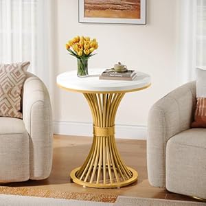 Tribesigns Beistelltisch rund, Moderner Weiß-Gold Wohnzimmertisch, Kleiner Tisch mit Kunstmarmor-Seitentisch, Goldfarbener Metallbasis, Nachttisch aus Holz für Wohnzimmer, Schlafzimmer, Sofaseite