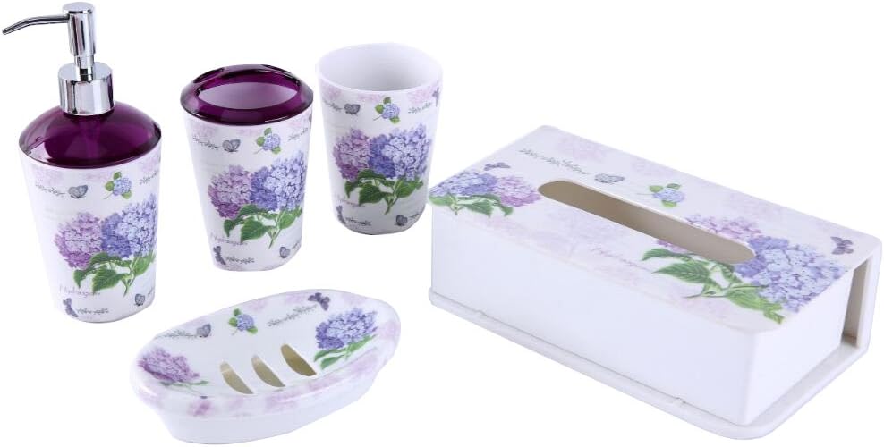 8918H 5 Piece Melamine Bathroom Set, Hydrangea