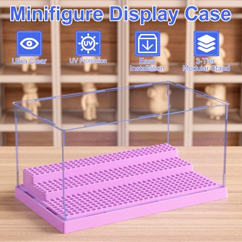 Image of Mlikero Display Case for Minifigures Action Figures Blocks, Clear Dustproof Acrylic Display Box Storage with 3 Movable Steps Gifts for Children,Purple