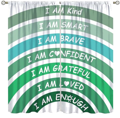 Llylumty Boho Rainbow Curtains Classroom Reading Corner Kind Amazing Brave Smart Loved Rainbow Decor Blackout Window Drapes Book Center Calming Corner Bedroom Girls Room,Green 21x63in,2 Panel Set