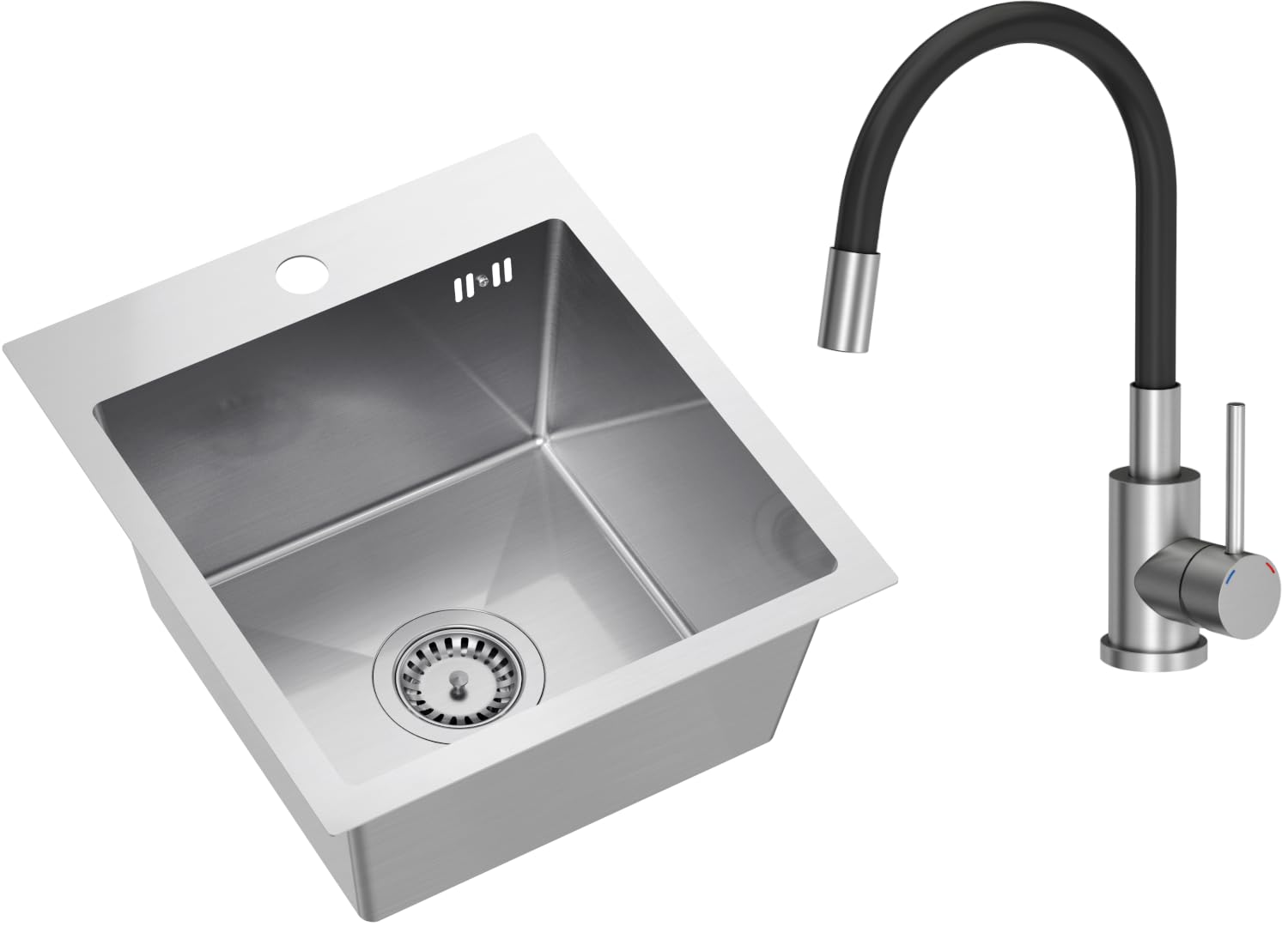 VBChome Edelstahlspüle mit Armatur 40 x 45 cm Gebürsteter Edelstahl Einbauspüle mit Hahnloch Edelstahl Küchenspüle Spüle Groß Becken Ablaufgarnitur Siphon Edelstahlspüle Armatur mit flexiblem Auslauf