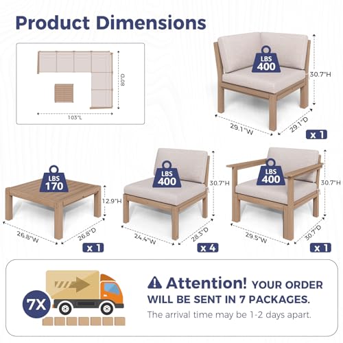 Image of Modular Outdoor Patio Conversation Set, 7-Piece L-Shaped Sectional Sofa Set with Coffee Tables & Thick Cushions, Easy Side Interlock, HIPS All-Weather Patio Furniture Set for Backyard, Deck, Poolside