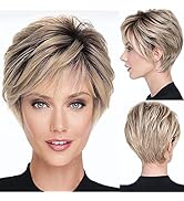 EMMOR Pixie Cut Wig Human Hair Wigs with Bangs Natural Short Black Wig Layered Wavy Different Sty...