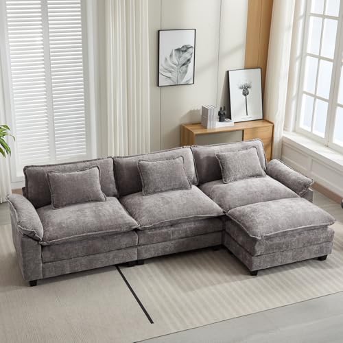 Image of Oprisen 120 inch Modular Sectional Sofa, Comfy Cloud Couch Sectional Sofa with Ottoman, Chenille Sofa Sleeper Deep Seat Sofa with Throw Pillows for Living Room (Light Gray, 120 inch- L Shape)
