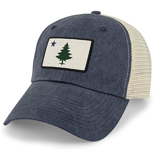 Chowdaheadz Maine Flag Hat - Vintage Portland Maine Hat, Unisex Trucker Mesh Cap, Multiple Colors Navy
