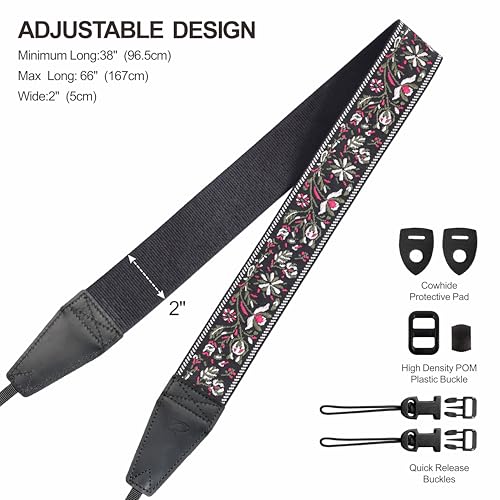 Image of Padwa Lifestyle Camera Strap - 2 inch Full Grain Leather Ends Camera Straps for Photographers, Vintage Embroidered Cotton Weave Soft Strap Quick Release fits All Cameras