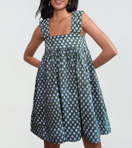 Image of Women Floral Tie Shoulder Mini Dress Cute Square Neck Loose Fit Beach Short Dress Backless Boho Vocation Sundress