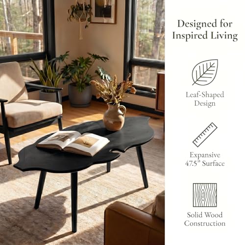 Image of HNY Modern Small Coffee Table for Living Room, Black Solid Wood Coffee Table Farmhouse Center Table, Leaf Floor Table End Table Side Table with Wood Leg Easy Assembly for Bedroom Home Office Cafe