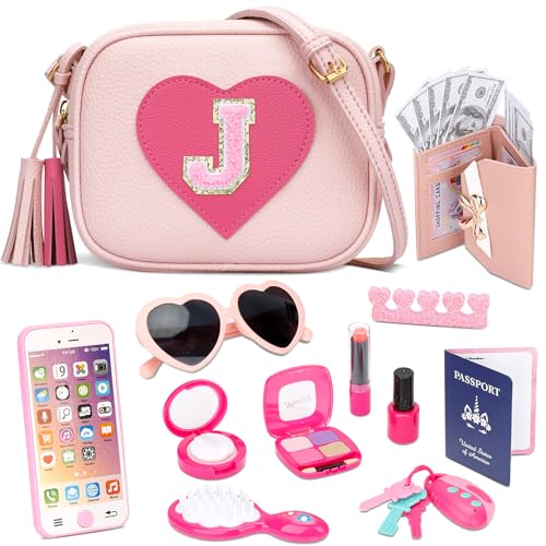CBEE Little Girls Pretend Play Purse for 3-6 Years Old, Kids Toy Set with Crossbody Bag, Wallet, Makeup, Phone,Keys, Birthday for 3.4.5.6 Year Old Toddler (J)
