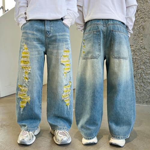Boys Ripped Baggy Denim Pants Wide Leg Straight Streetwear Jeans Y2K Elastic Waist Casual Loose Long Trousers Jeans4