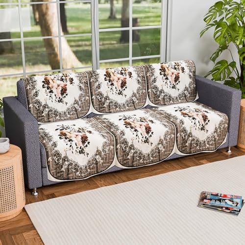 Image of Kuber Industries (Set of 6) Stylish & Durable Velvet Sofa Covers 3 Seater | Washable Sofa Protector /Mat | Suitable Slipcover for Living Room & Office | Check Border - Brown