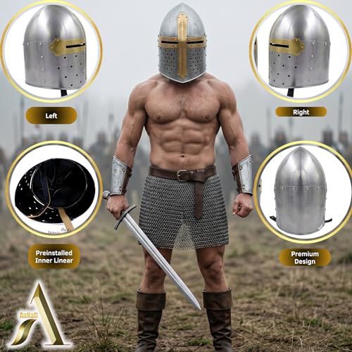 Image of AnNafi Medieval Knight Sugarloaf Armor Helmet with Free Wooden Stand Reenactment Helmet | Cosplay SCA