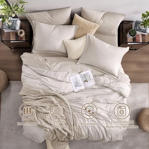 Monbix Queen Comforter Set - 7 Pieces Cationic Dyeing Oatmeal Beige Bed in a Bag Queen Bedding Sets with Comforter, Sheets, Pillowcases & Shams, Reversible Bedding Comforters Sets