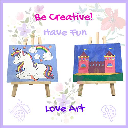 Kids Art Set for Girls – 28 Piece Acrylic Painting Supplies Kit with Storage Bag, 12 Washable Paints, 1 Scratch Free Paint Easel, 6 Pre-Stenciled Canvases 8 x 10 inches, 5 Brushes, 10 Well Palette