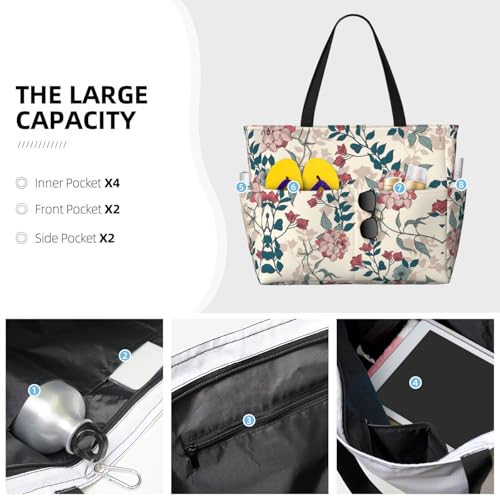 Pink Flowers Leaves Print Large Capacity Beach Travel Bag For Family, Beach Tote Bag For Women With Zipper Pockets3