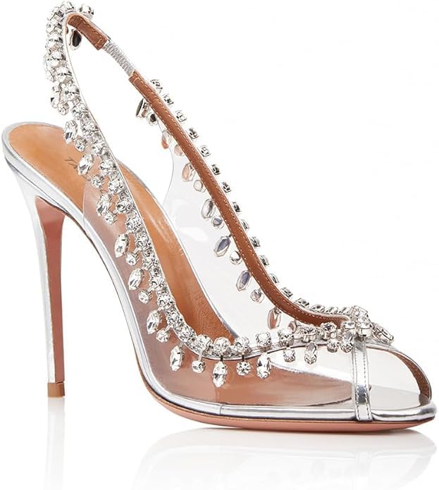 Women's Sparkly Rhinestone Clear Heels Fish Mouth Slingback Gorgeous Chain Backless Peep Toe Heel Sandals Pointed Elegant