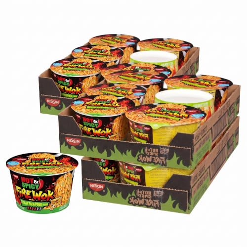 Nissin Hot &amp; Spicy Fire Wok,Sizzlin' Rich Pork,4.37 Ounce,(Pack of 12)