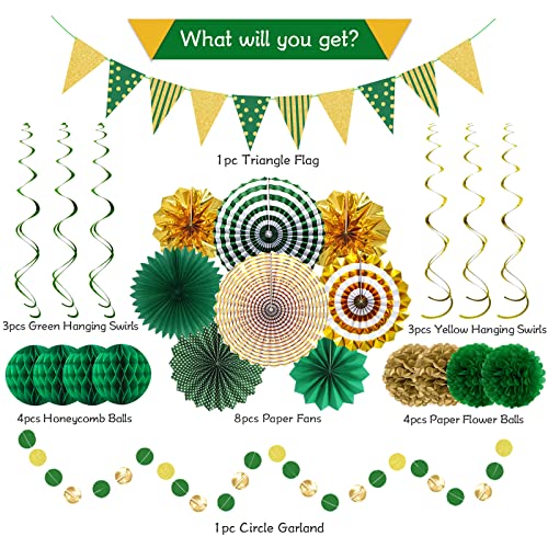 Image of Green Gold Party Decorations, Graduation Season Hanging Glitter Triangle Flags Banner Paper Fan Tissue Pom Poms Garlands, St. Patrick's Day, Bridal Shower, Green Master Golf Themed Birthday