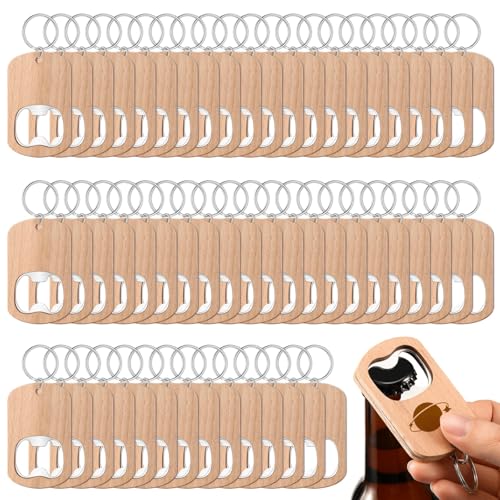 50 PCS Wooden Bottle Opener Keychains, DIY Blank Wood Keychain with Metal Bottle Opener, Mini Pocket Openers for Party Favors, Wedding Supplies, Custom Presents Crafts