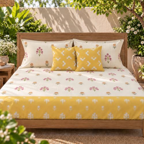 Image of Urban Space 144 TC Divine 100% Cotton Bedsheet for Double Bed with 2 Pillow Covers and 2 Cushion Covers, Queen Bedsheet (Size 90 x 100 inches, Magnolia Yellow, Double)