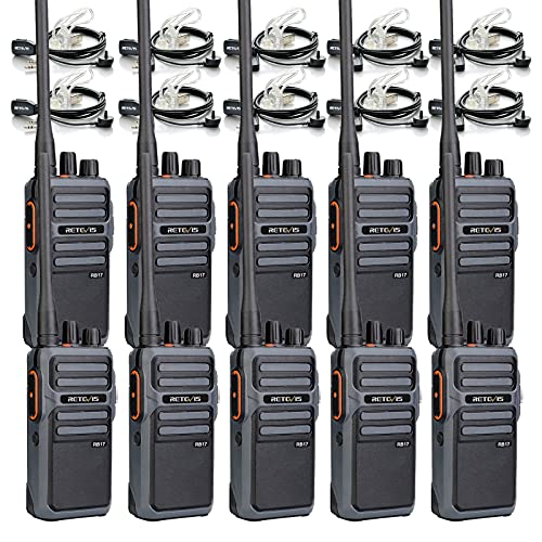 Retevis RB17 Walkie Talkie with Earpiece,Heavy Duty 2 Way Radio Rechargeable,4400mAh Large Capacity Battery Handsfree Emergency Alarm,Portable Two Way Radios for Adults School Business Duty (10 Pack)