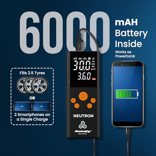 Image of Autofy NEUTRON 2 Years WARRANT'Y with Dual Power Mode Cordless & 4Mtrs Power Cord [22mm Cylinder Most Heavy Duty] Car Tyre Inflator Pump - 6000mAH Mobile Powerbank - 150 PSi - 4 Mins Fast Inflation