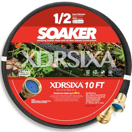 XDRSIXA 10FT 1/2 Heavy-Duty Soaker Hose with Solid Brass Connectors Ultra-Flexible Even Water Flow