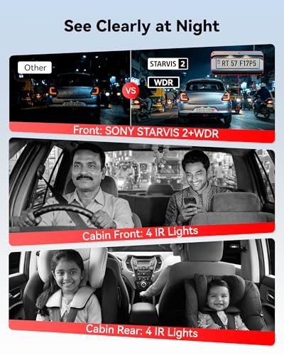 Image of REDTIGER F17 Plus 4 Channel Dash Cam, 2.7K+3*1080P Car Camera, 360 View with Dual Rotatable Inside Lenses, STARVIS 2 IMX675, IR Night View, Free 128GB Card, 5GHz WiFi GPS, Voice Control, Touchscreen