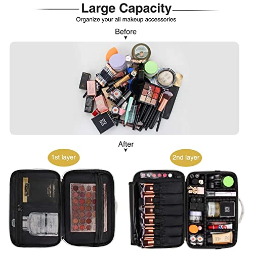 Image of Travel Makeup Case, Professional Cosmetic Train Cases Artist Storage Bag Make Up Tool Boxes Brushes Bags with Compartments Vanity Organizer (16 INCH(2 Layer), Marble Pattern)