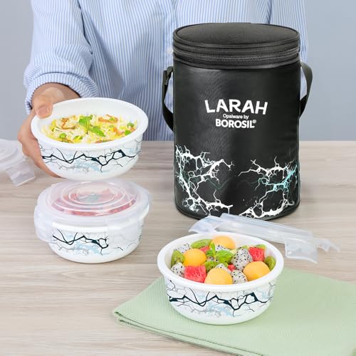 Image of Larah by BOROSIL Zeus Lunch Box with Bag | 3pc Round Container Set (400ml Each) | Opalware Tiffin Box for Office for Men, Lunch Box for Women | Microwave & Dishawasher Safe | White